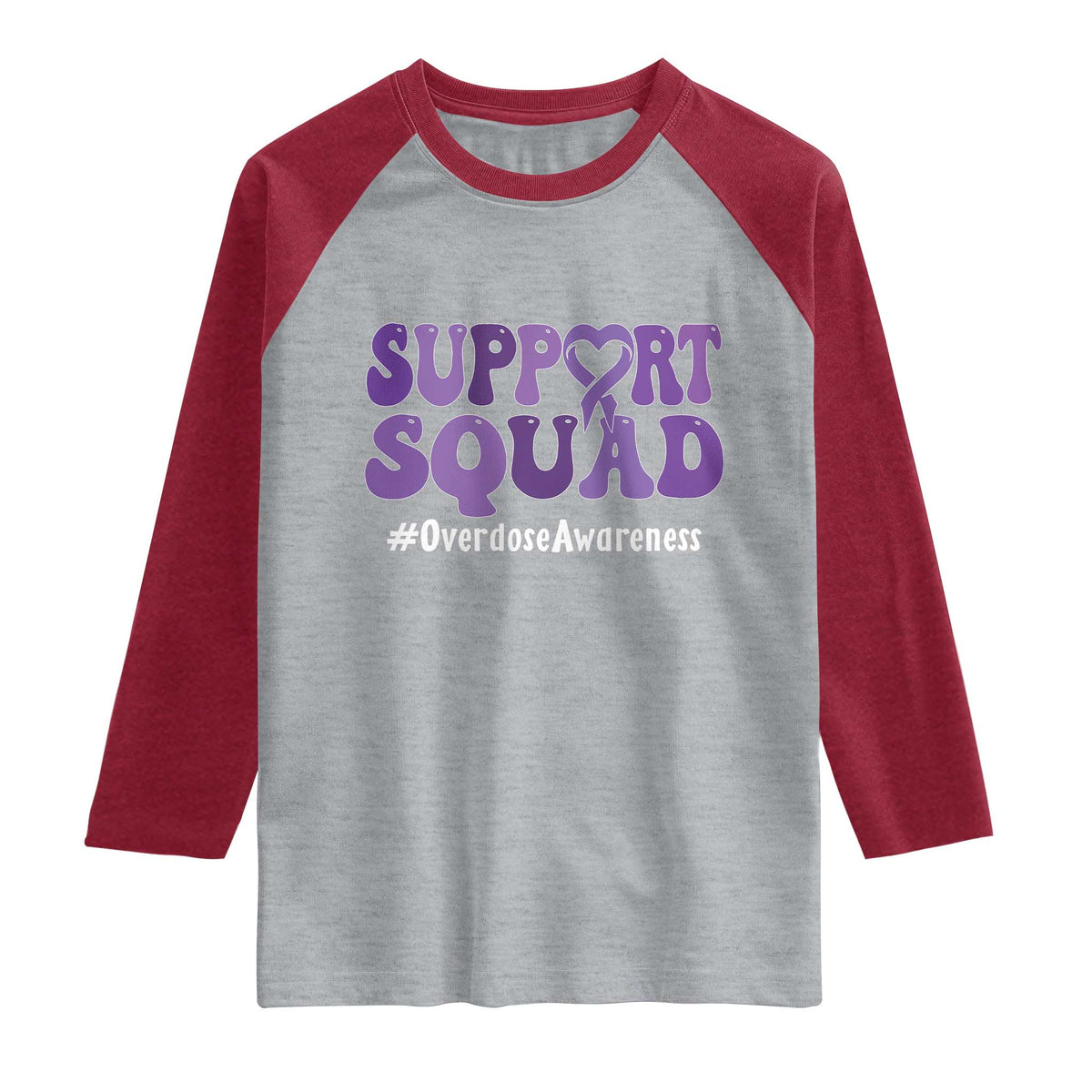 Support Squad Overdose Awareness Raglan Shirt Purple Ribbon Groovy Typography Graphic