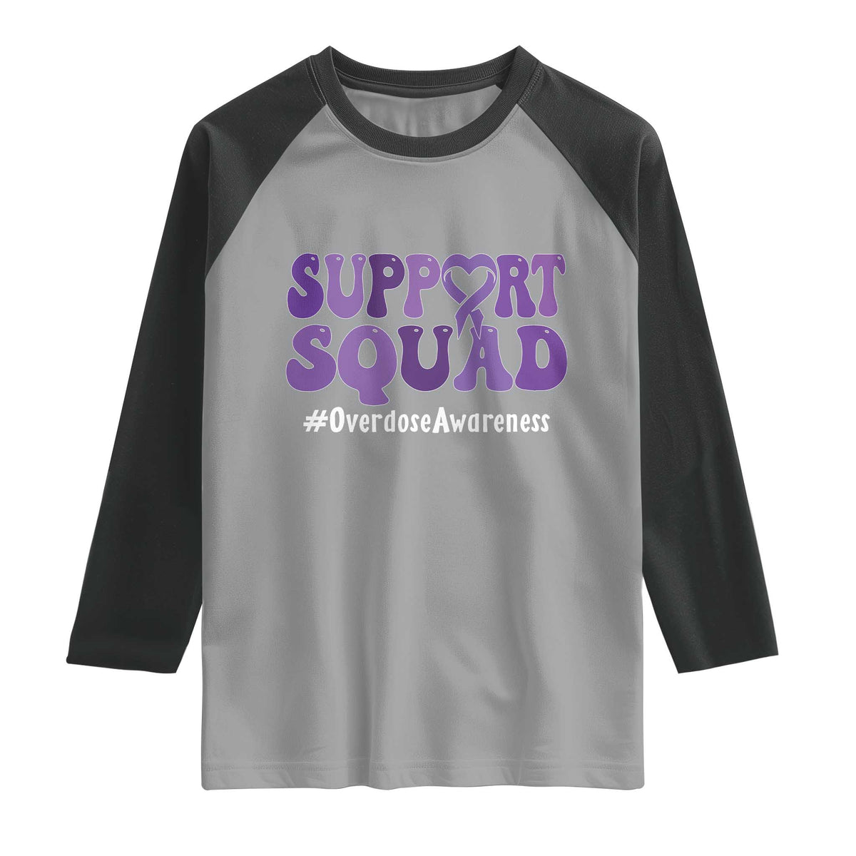 Support Squad Overdose Awareness Raglan Shirt Purple Ribbon Groovy Typography Graphic