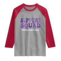 Support Squad Overdose Awareness Raglan Shirt Purple Ribbon Groovy Typography Graphic