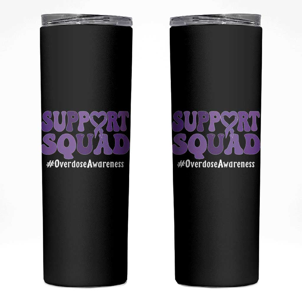 Support Squad Overdose Awareness Skinny Tumbler Purple Ribbon Groovy Typography Graphic