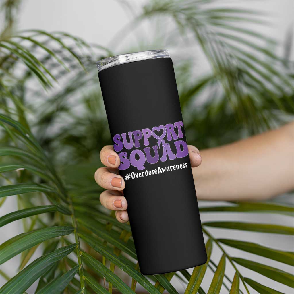 Support Squad Overdose Awareness Skinny Tumbler Purple Ribbon Groovy Typography Graphic