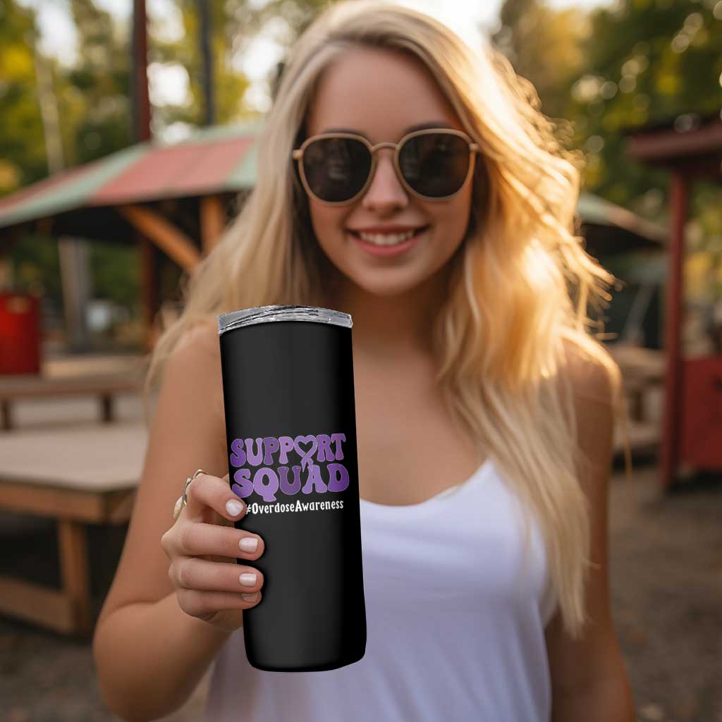 Support Squad Overdose Awareness Skinny Tumbler Purple Ribbon Groovy Typography Graphic