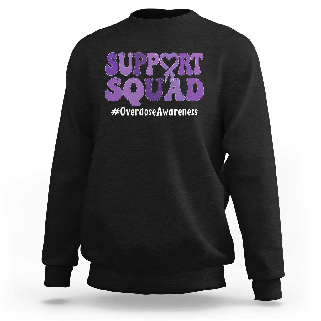 Support Squad Overdose Awareness Sweatshirt Purple Ribbon Groovy Typography Graphic