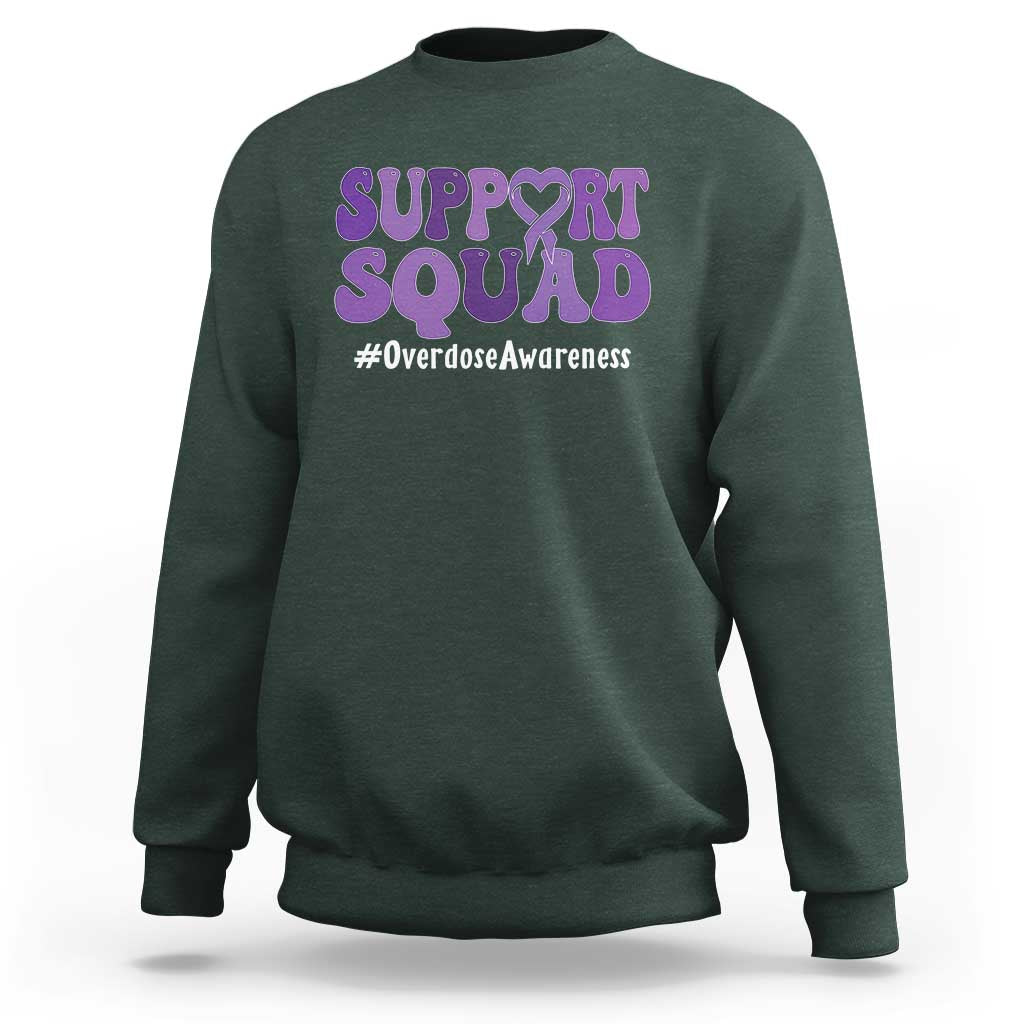 Support Squad Overdose Awareness Sweatshirt Purple Ribbon Groovy Typography Graphic