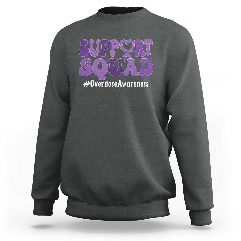 Support Squad Overdose Awareness Sweatshirt Purple Ribbon Groovy Typography Graphic