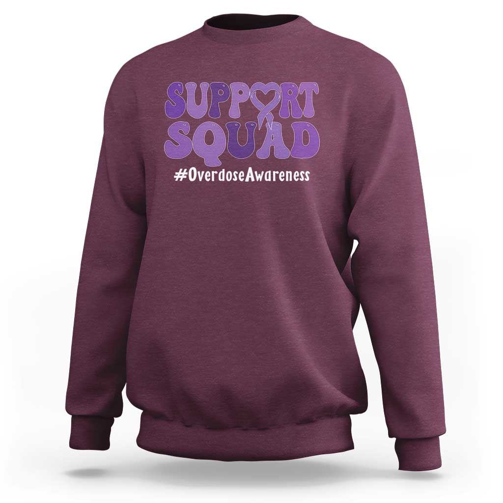 Support Squad Overdose Awareness Sweatshirt Purple Ribbon Groovy Typography Graphic