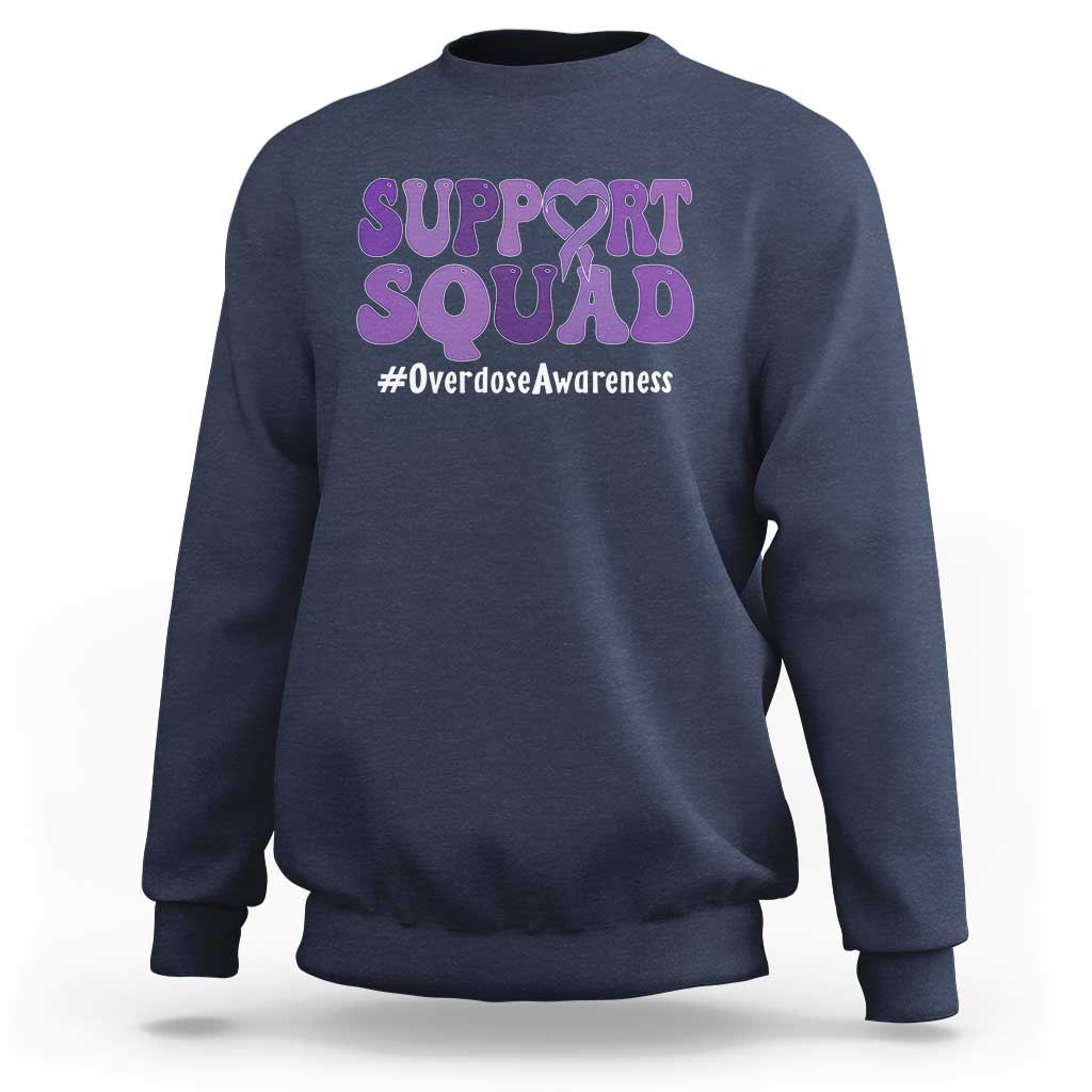 Support Squad Overdose Awareness Sweatshirt Purple Ribbon Groovy Typography Graphic