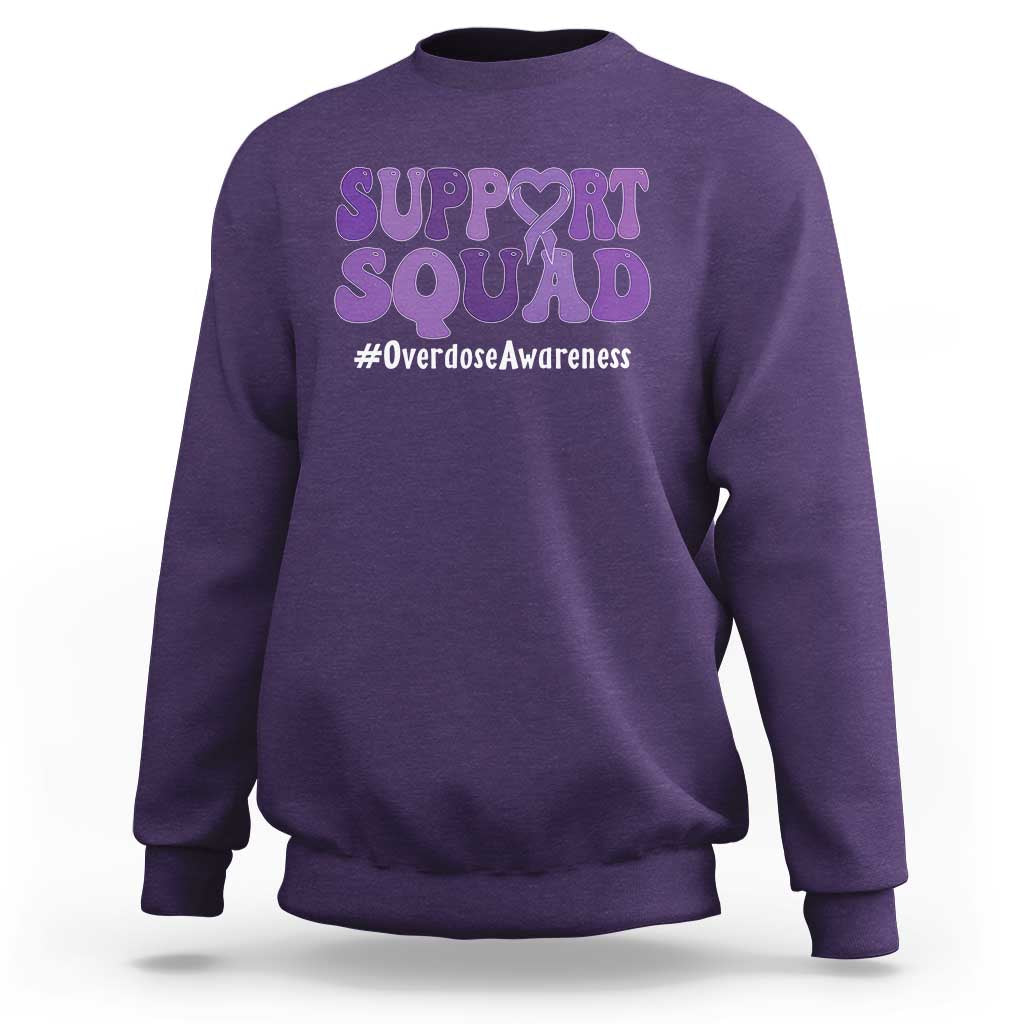 Support Squad Overdose Awareness Sweatshirt Purple Ribbon Groovy Typography Graphic