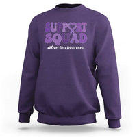 Support Squad Overdose Awareness Sweatshirt Purple Ribbon Groovy Typography Graphic
