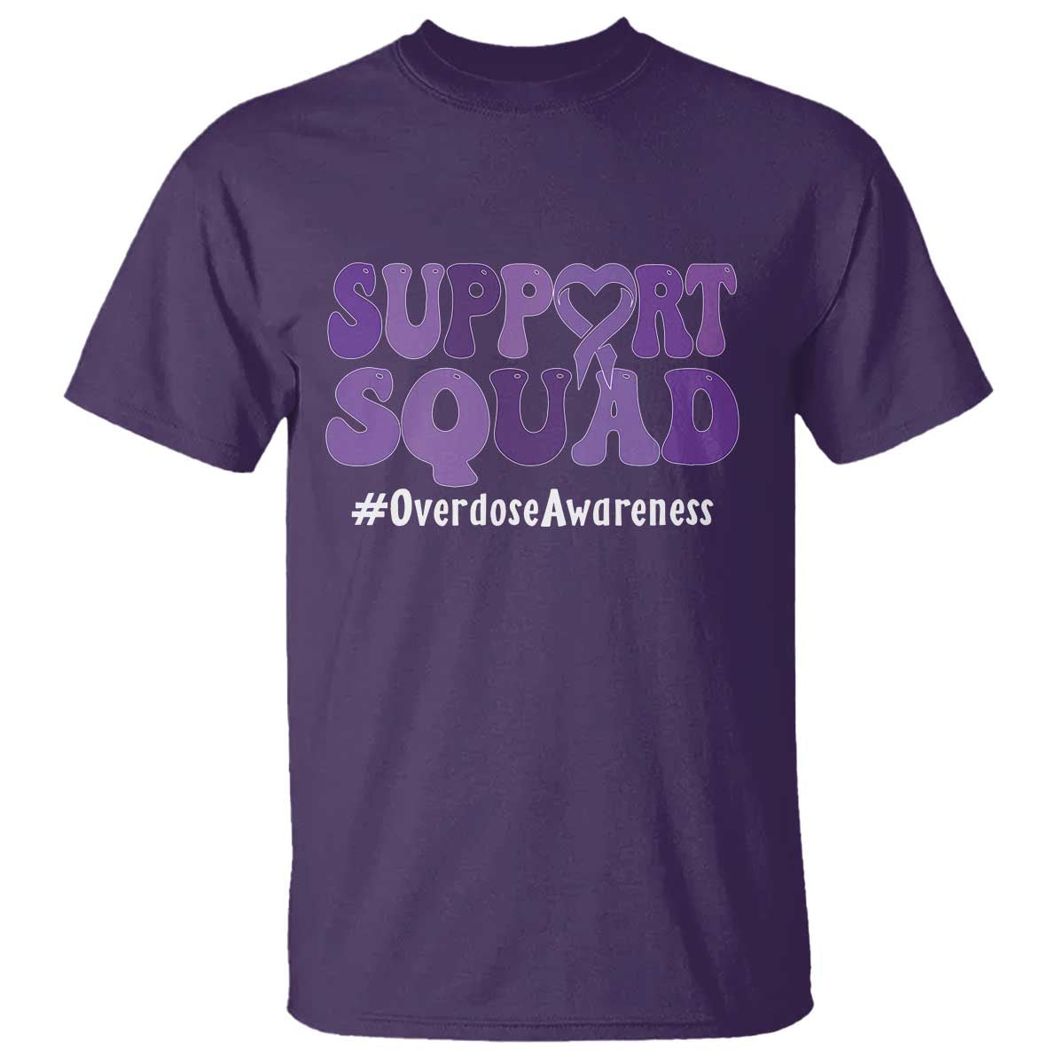 Support Squad Overdose Awareness T Shirt Purple Ribbon Groovy Typography Graphic