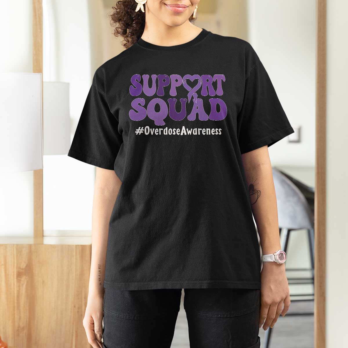 Support Squad Overdose Awareness T Shirt For Women Purple Ribbon Groovy Typography Graphic