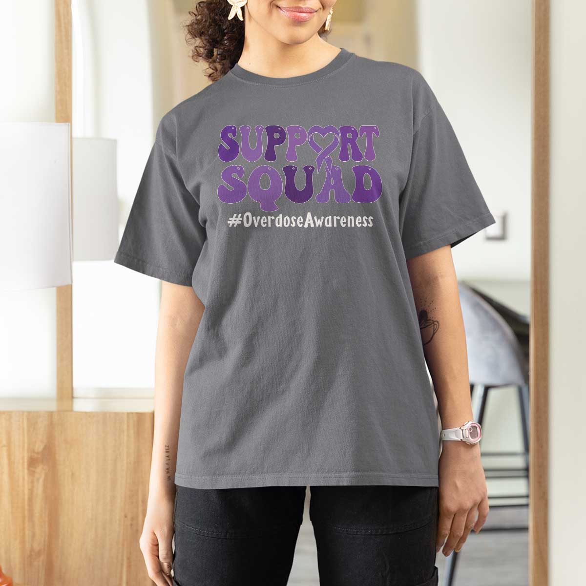 Support Squad Overdose Awareness T Shirt For Women Purple Ribbon Groovy Typography Graphic