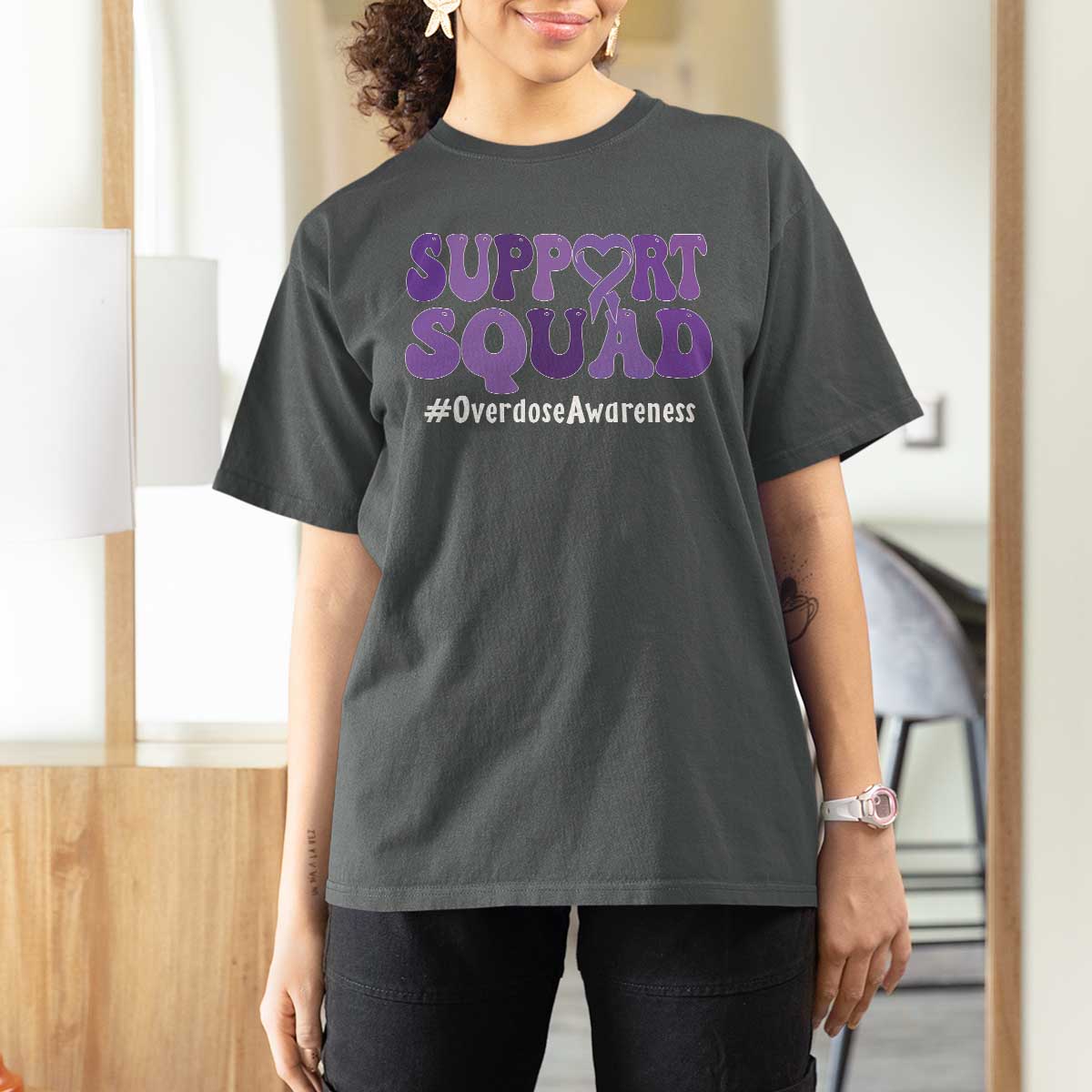 Support Squad Overdose Awareness T Shirt For Women Purple Ribbon Groovy Typography Graphic