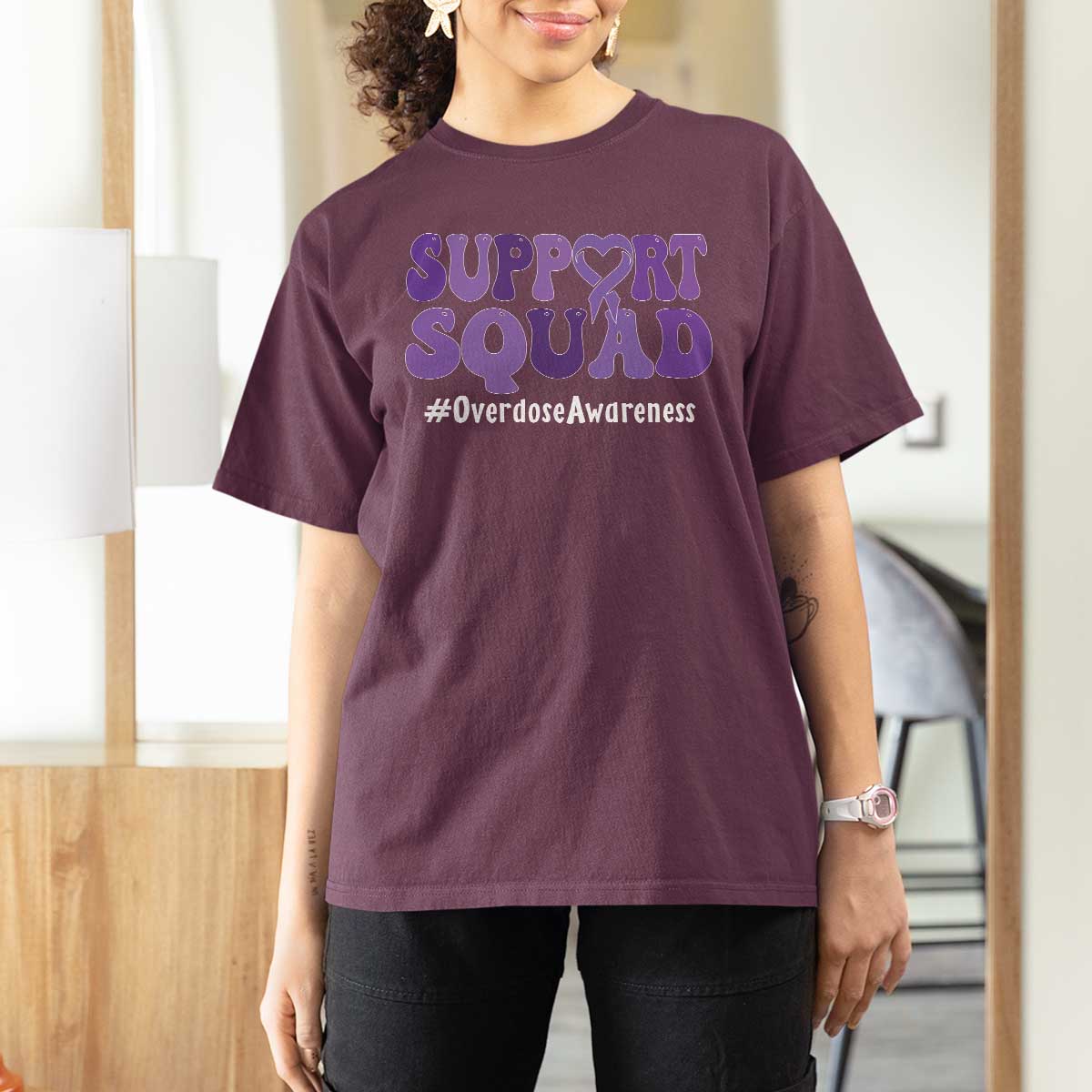 Support Squad Overdose Awareness T Shirt For Women Purple Ribbon Groovy Typography Graphic