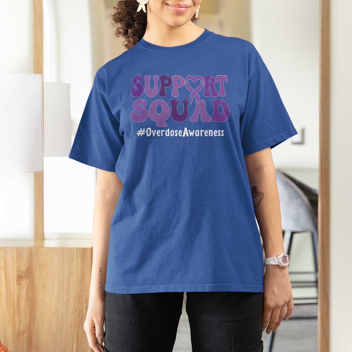 Support Squad Overdose Awareness T Shirt For Women Purple Ribbon Groovy Typography Graphic