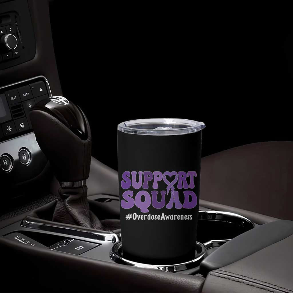 Support Squad Overdose Awareness Tumbler Cup Purple Ribbon Groovy Typography Graphic