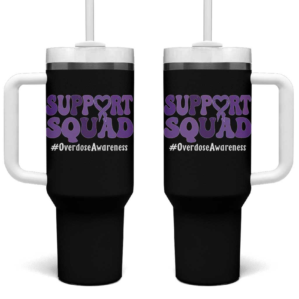 Support Squad Overdose Awareness Tumbler With Handle Purple Ribbon Groovy Typography Graphic