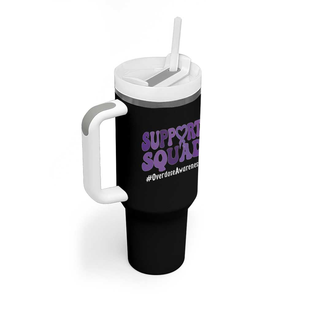 Support Squad Overdose Awareness Tumbler With Handle Purple Ribbon Groovy Typography Graphic