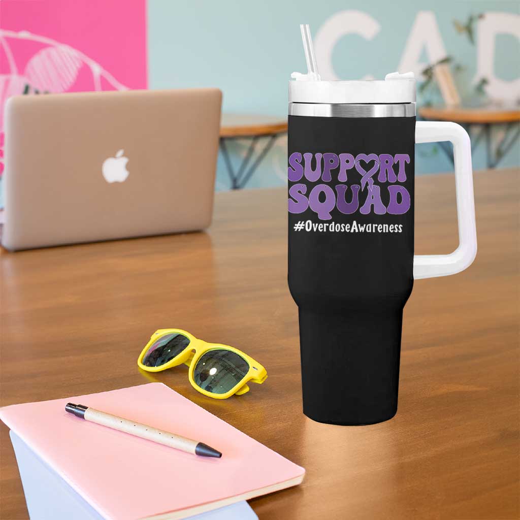 Support Squad Overdose Awareness Tumbler With Handle Purple Ribbon Groovy Typography Graphic