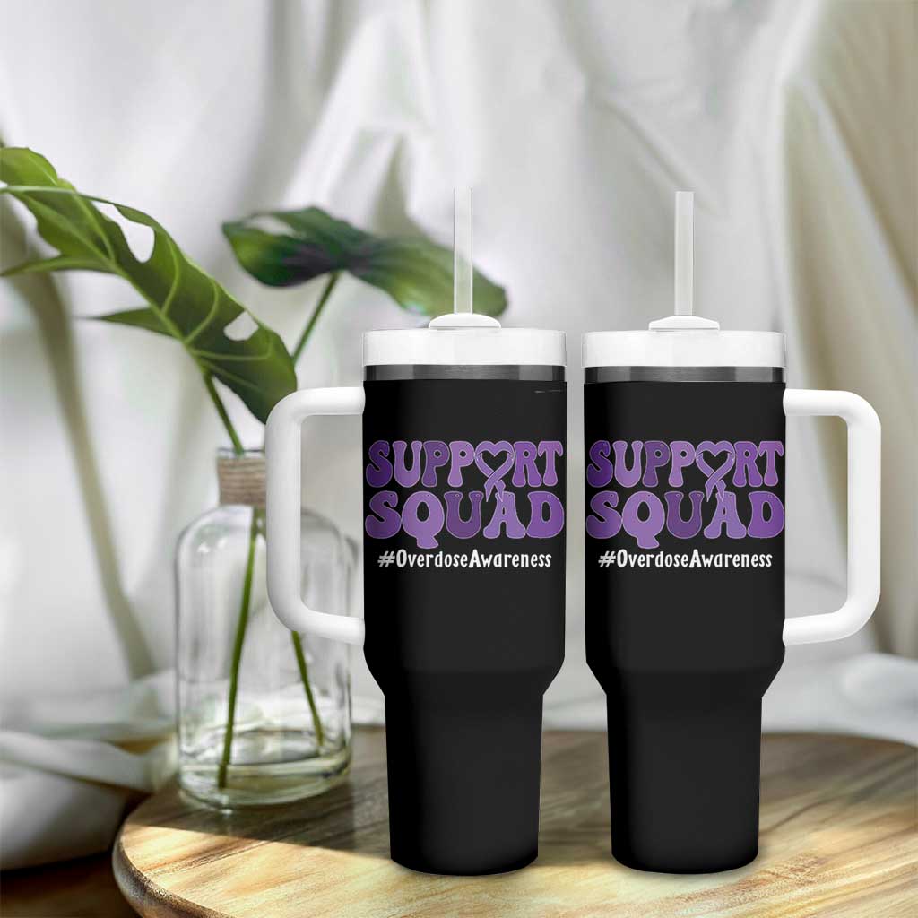 Support Squad Overdose Awareness Tumbler With Handle Purple Ribbon Groovy Typography Graphic