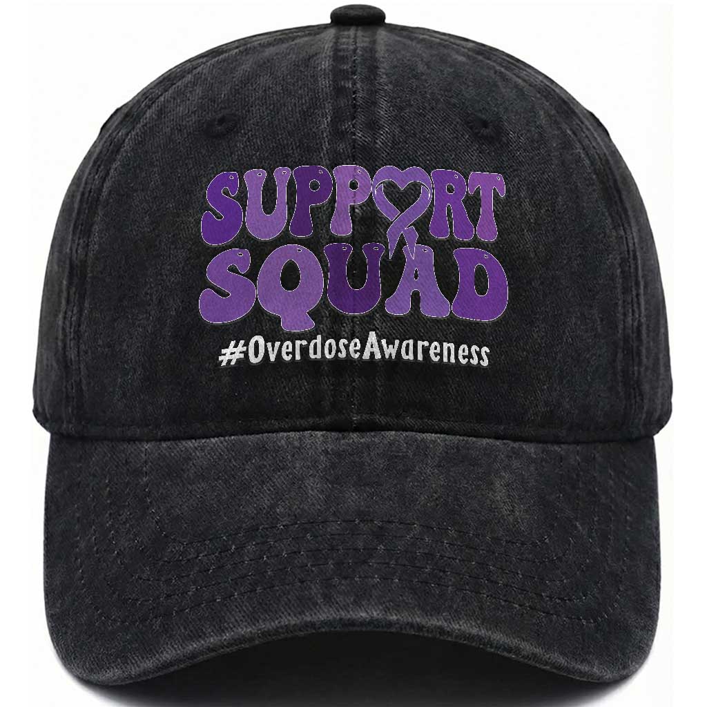 Support Squad Overdose Awareness Washed Cotton Baseball Cap Purple Ribbon Groovy Typography Graphic