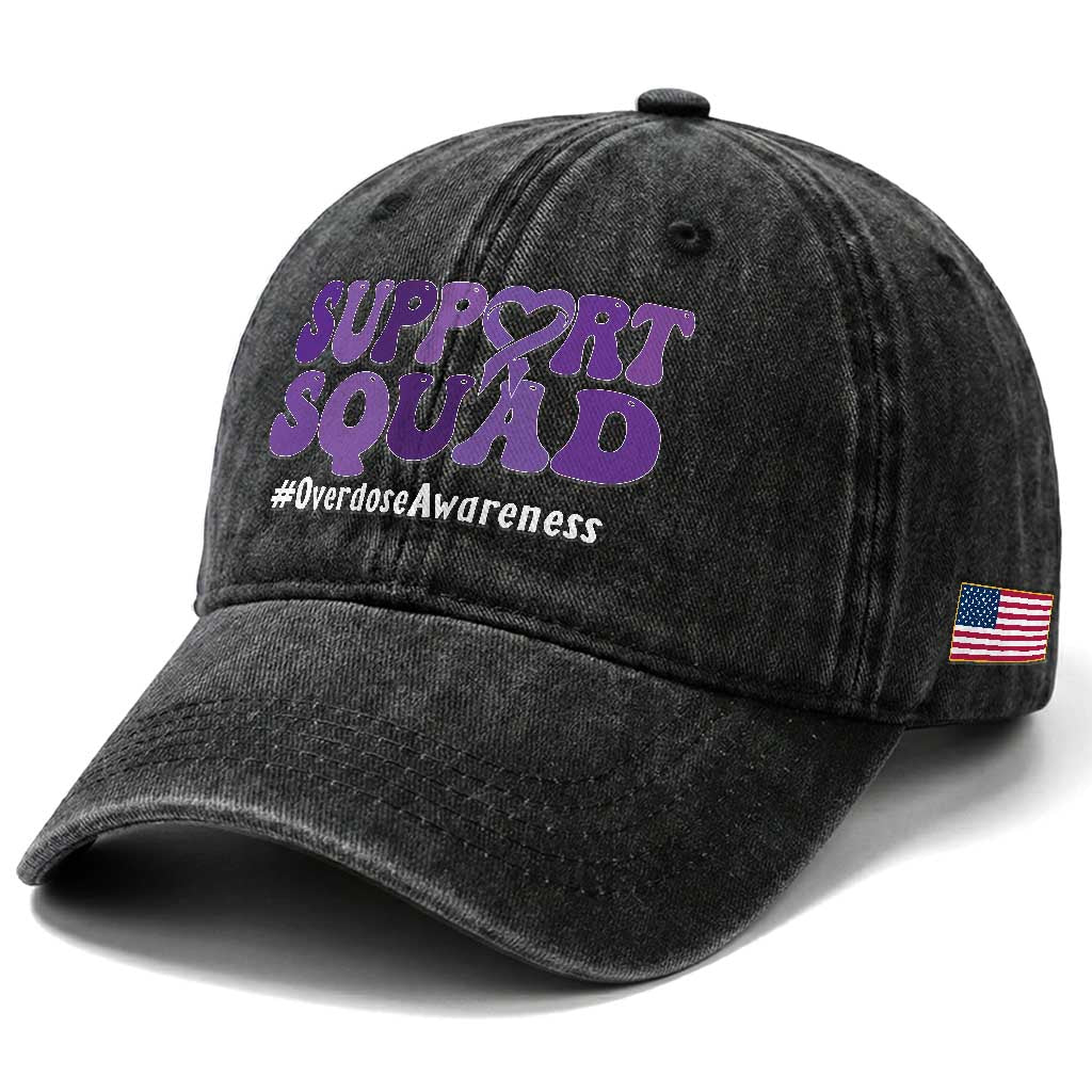 Support Squad Overdose Awareness Washed Cotton Baseball Cap Purple Ribbon Groovy Typography Graphic