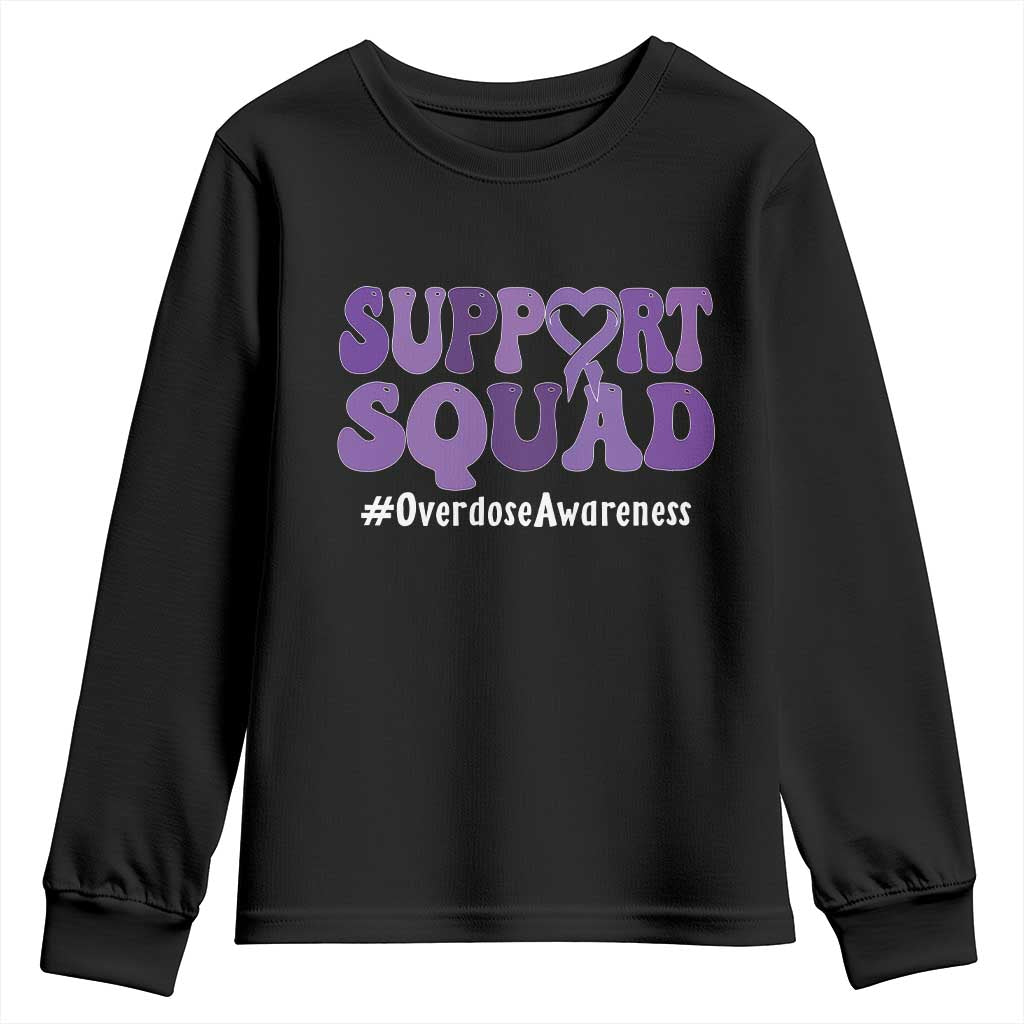 Support Squad Overdose Awareness Youth Sweatshirt Purple Ribbon Groovy Typography Graphic