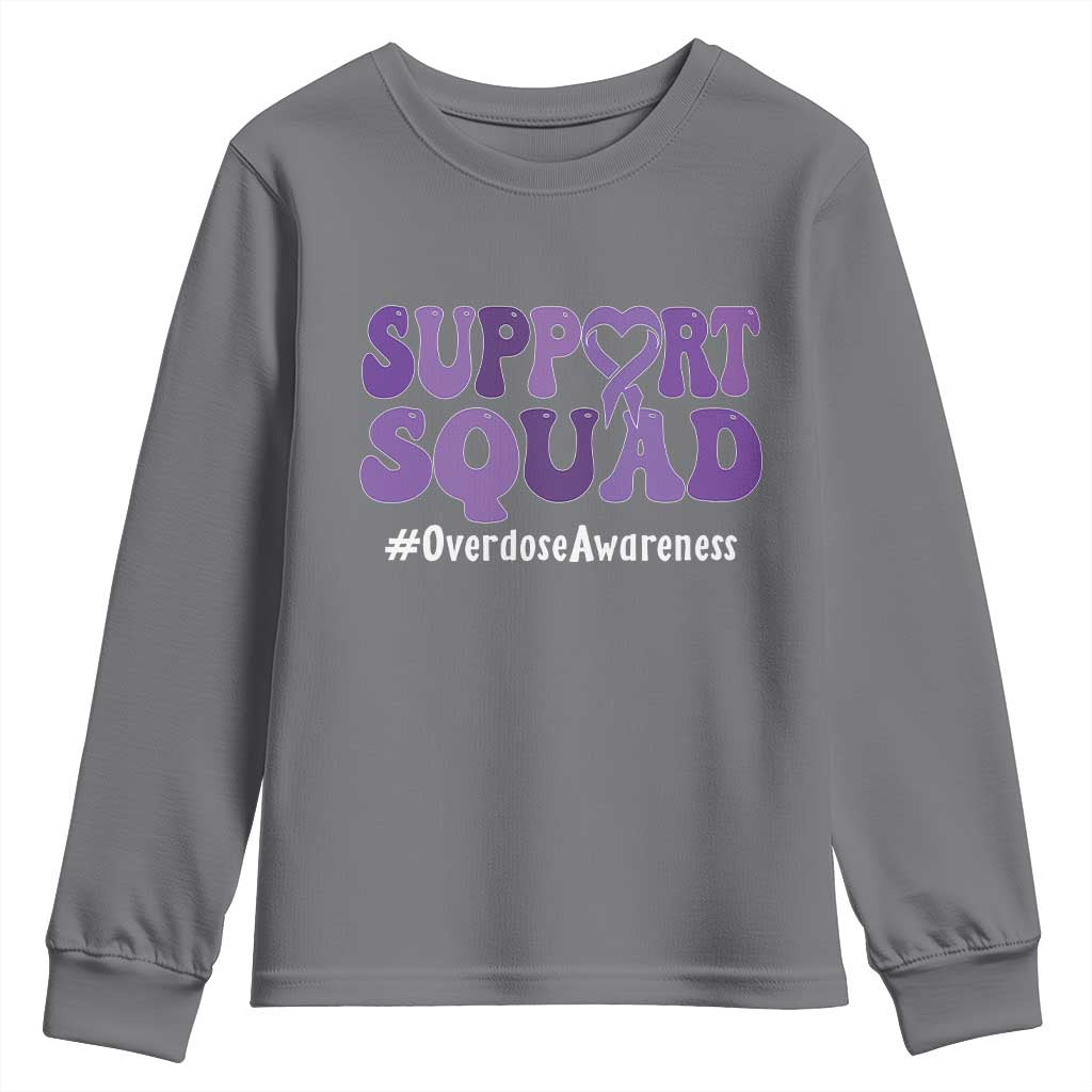 Support Squad Overdose Awareness Youth Sweatshirt Purple Ribbon Groovy Typography Graphic