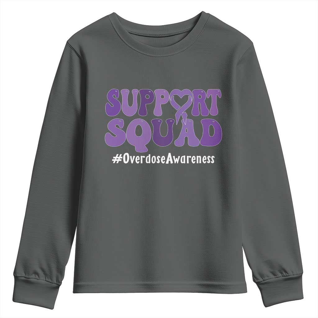 Support Squad Overdose Awareness Youth Sweatshirt Purple Ribbon Groovy Typography Graphic