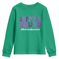 Support Squad Overdose Awareness Youth Sweatshirt Purple Ribbon Groovy Typography Graphic
