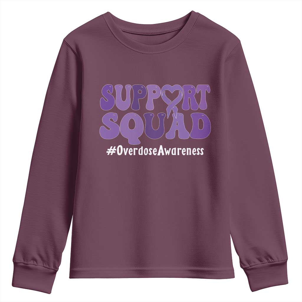 Support Squad Overdose Awareness Youth Sweatshirt Purple Ribbon Groovy Typography Graphic