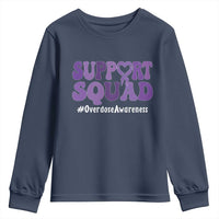 Support Squad Overdose Awareness Youth Sweatshirt Purple Ribbon Groovy Typography Graphic