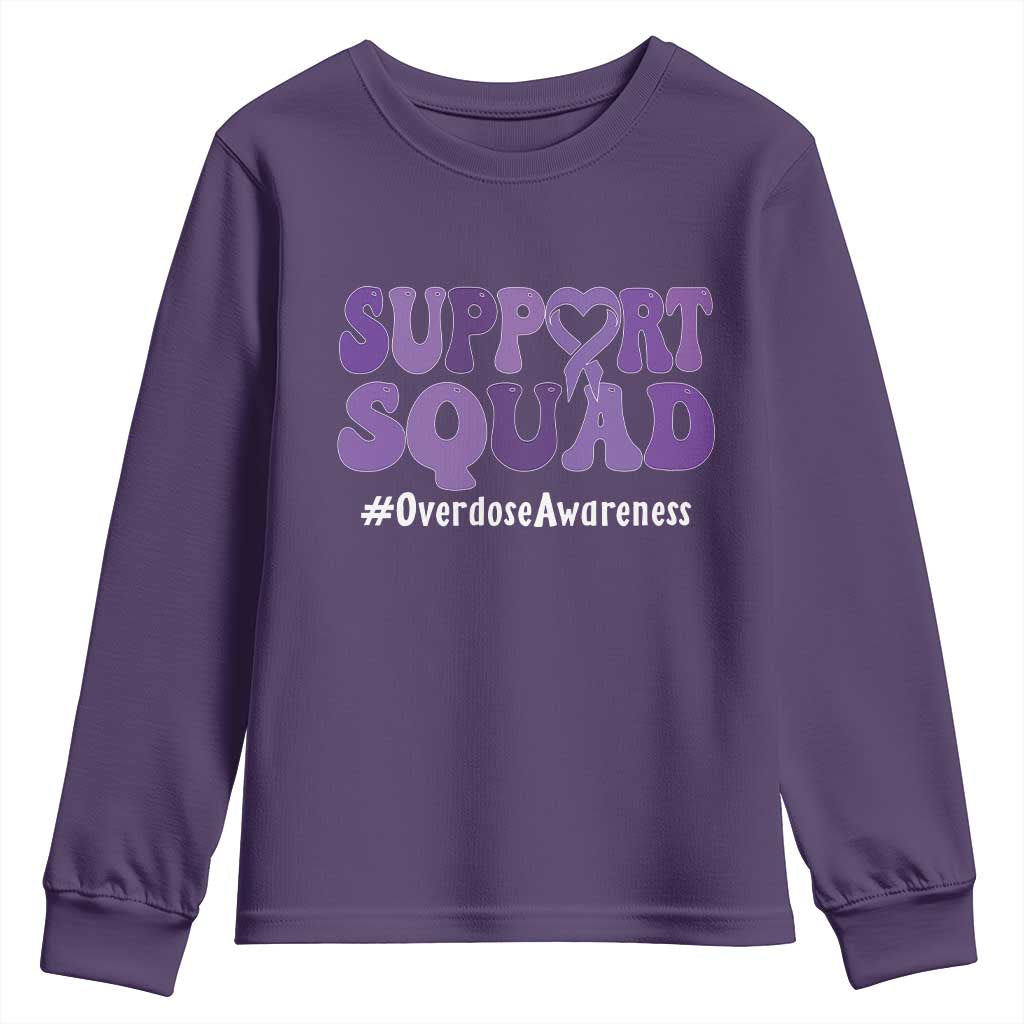 Support Squad Overdose Awareness Youth Sweatshirt Purple Ribbon Groovy Typography Graphic