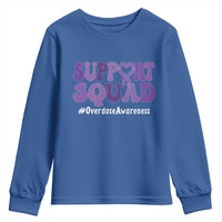 Support Squad Overdose Awareness Youth Sweatshirt Purple Ribbon Groovy Typography Graphic