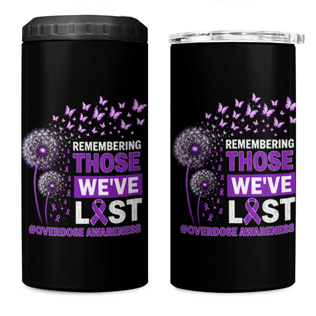 Overdose Awareness 4 in 1 Can Cooler Tumbler Remembering Those We Have Lost Dandelion Purple Ribbon Memorial