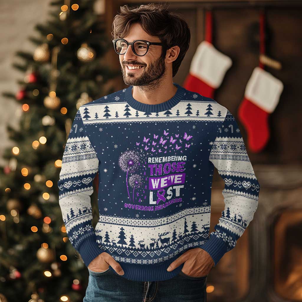 Overdose Awareness Ugly Christmas Sweater Remembering Those We Have Lost Dandelion Purple Ribbon Memorial