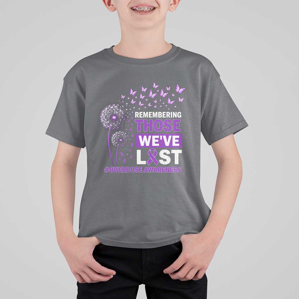Overdose Awareness T Shirt For Kid Remembering Those We Have Lost Dandelion Purple Ribbon Memorial