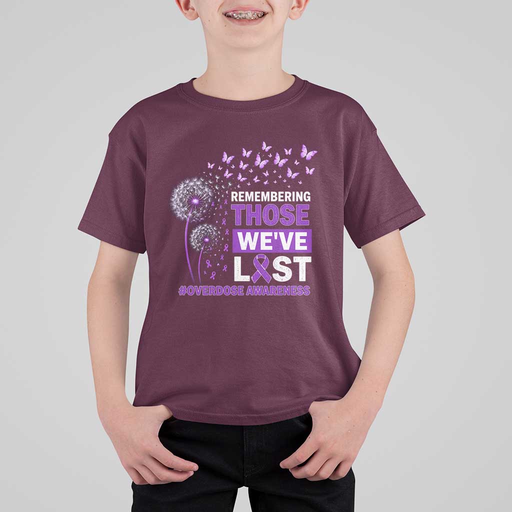Overdose Awareness T Shirt For Kid Remembering Those We Have Lost Dandelion Purple Ribbon Memorial