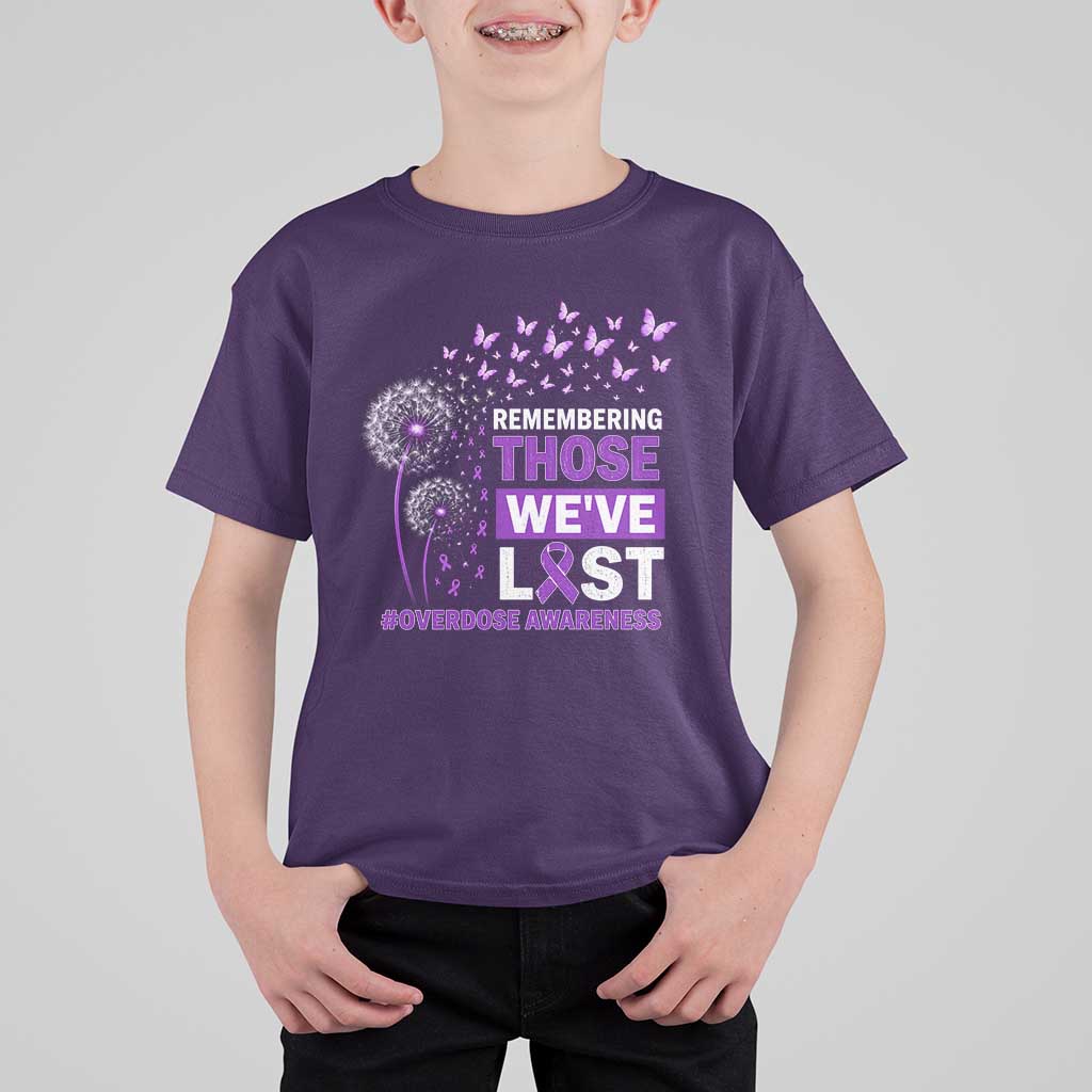 Overdose Awareness T Shirt For Kid Remembering Those We Have Lost Dandelion Purple Ribbon Memorial