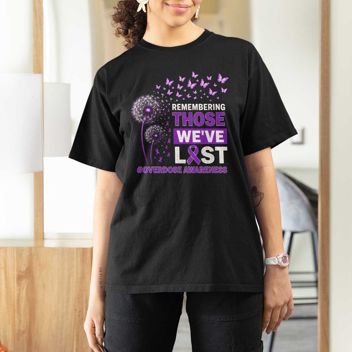 Overdose Awareness T Shirt For Women Remembering Those We Have Lost Dandelion Purple Ribbon Memorial