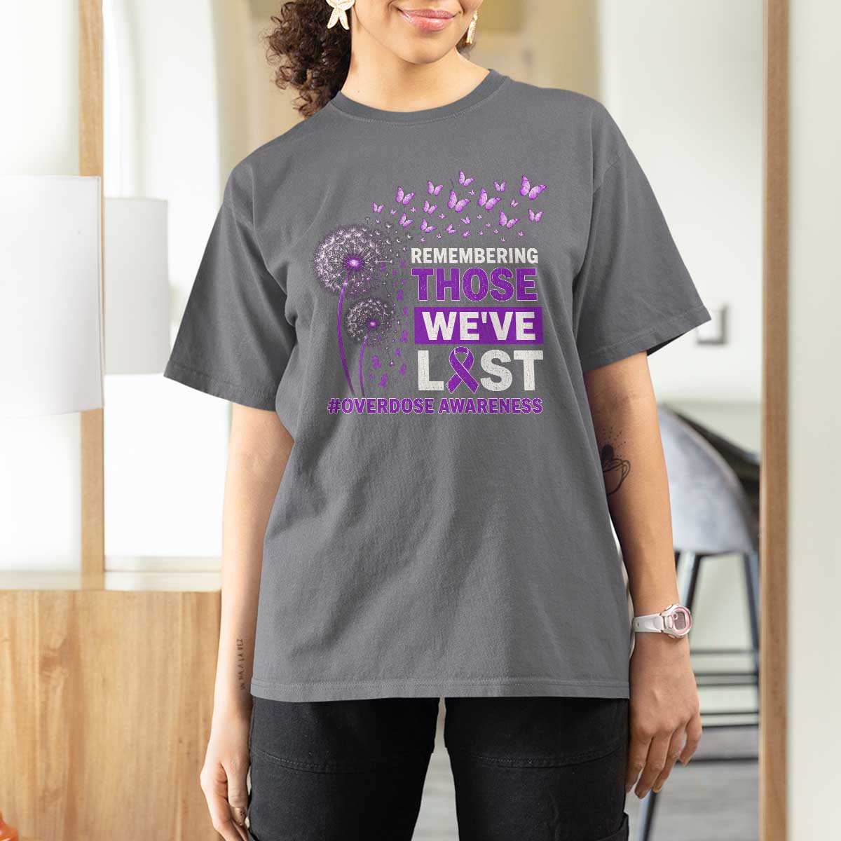 Overdose Awareness T Shirt For Women Remembering Those We Have Lost Dandelion Purple Ribbon Memorial