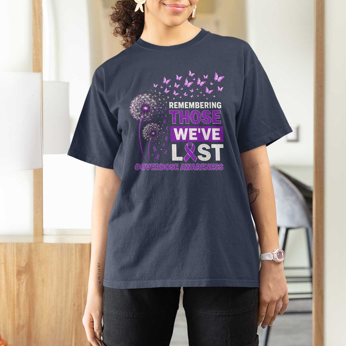 Overdose Awareness T Shirt For Women Remembering Those We Have Lost Dandelion Purple Ribbon Memorial