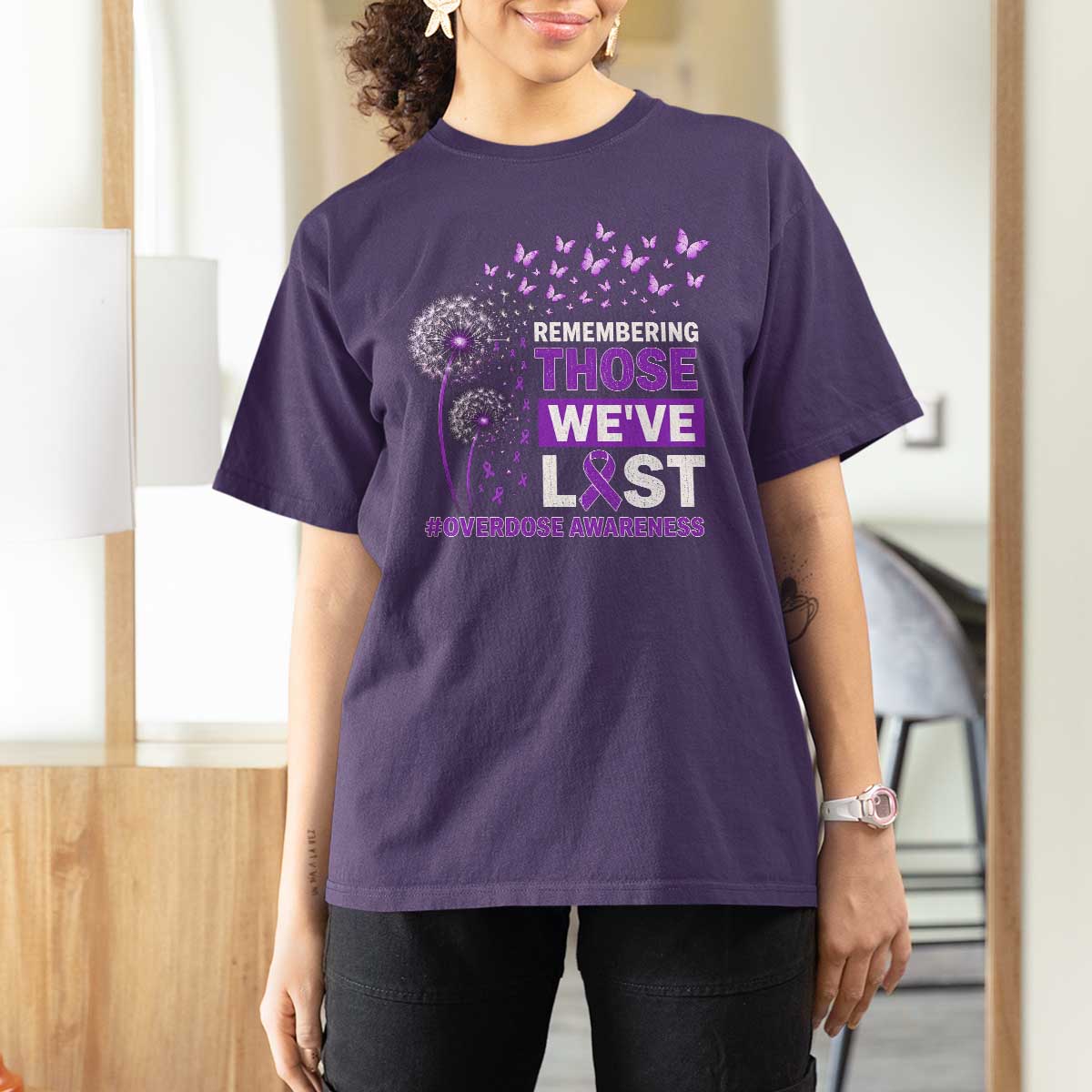 Overdose Awareness T Shirt For Women Remembering Those We Have Lost Dandelion Purple Ribbon Memorial