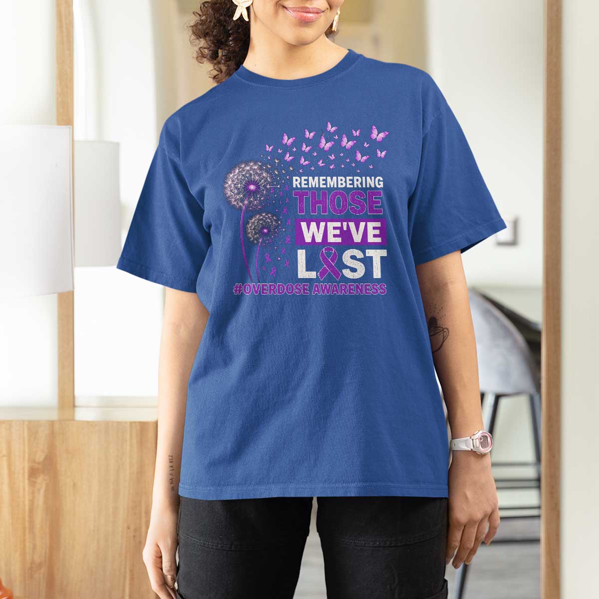 Overdose Awareness T Shirt For Women Remembering Those We Have Lost Dandelion Purple Ribbon Memorial