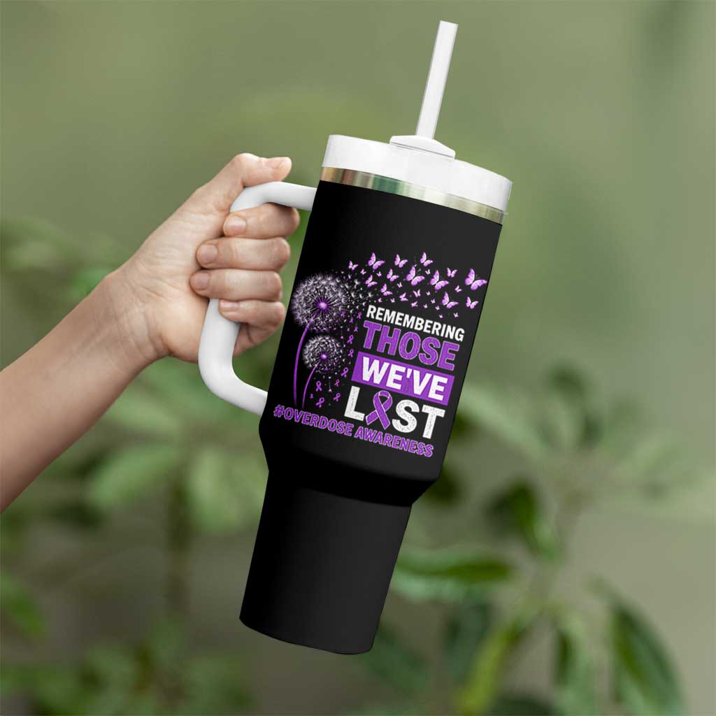 Overdose Awareness Tumbler With Handle Remembering Those We Have Lost Dandelion Purple Ribbon Memorial
