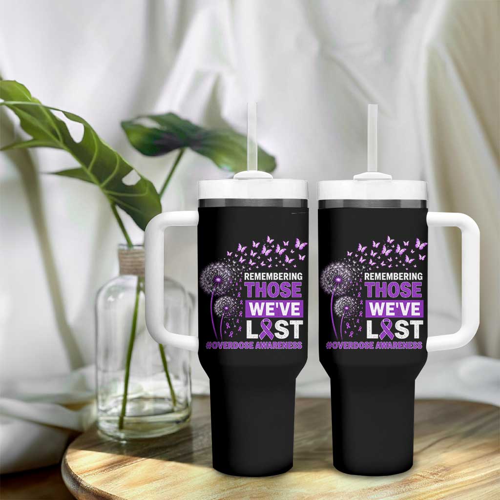 Overdose Awareness Tumbler With Handle Remembering Those We Have Lost Dandelion Purple Ribbon Memorial