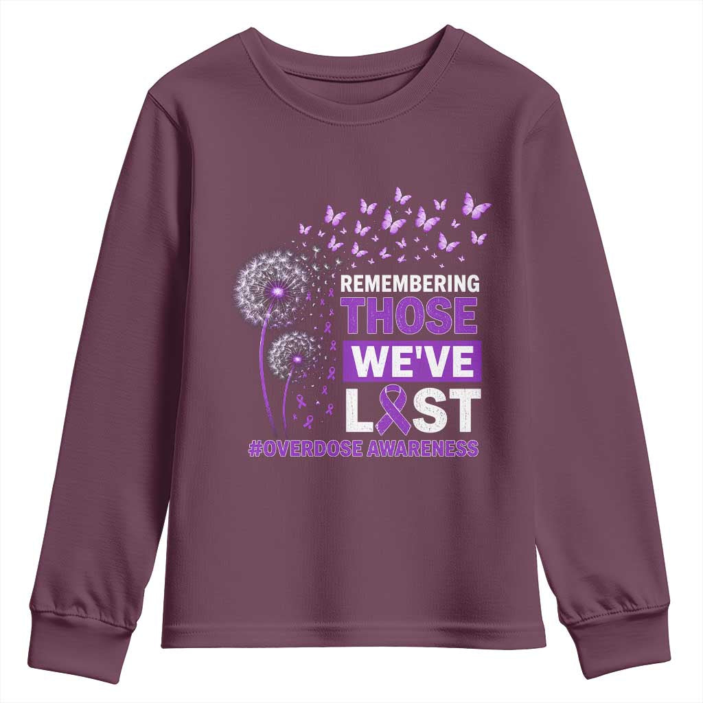 Overdose Awareness Youth Sweatshirt Remembering Those We Have Lost Dandelion Purple Ribbon Memorial