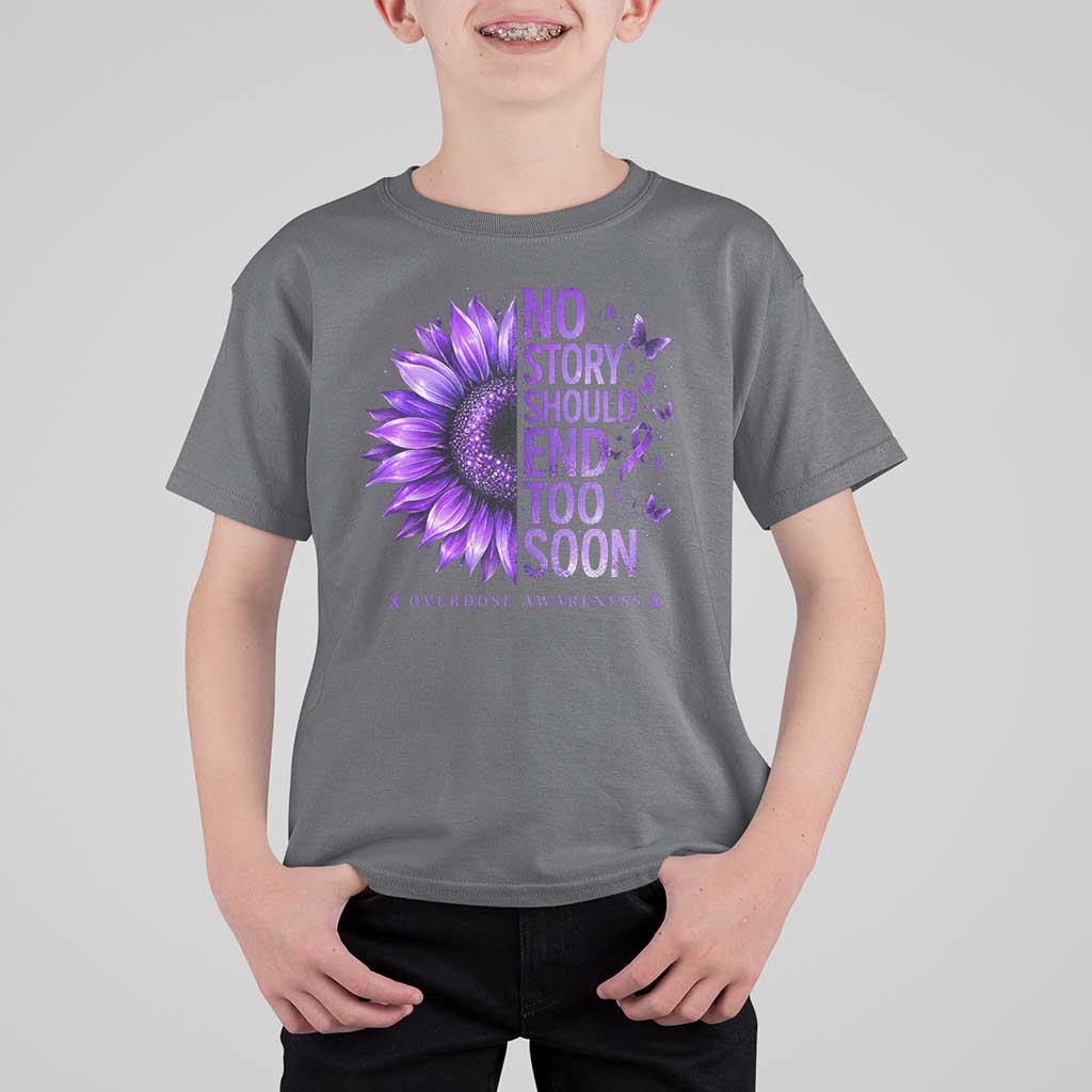 No Story Should End Too Soon Purple Sunflower Overdose Awareness T Shirt For Kid