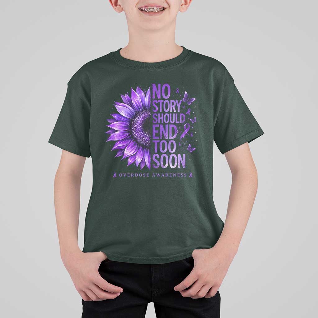 No Story Should End Too Soon Purple Sunflower Overdose Awareness T Shirt For Kid