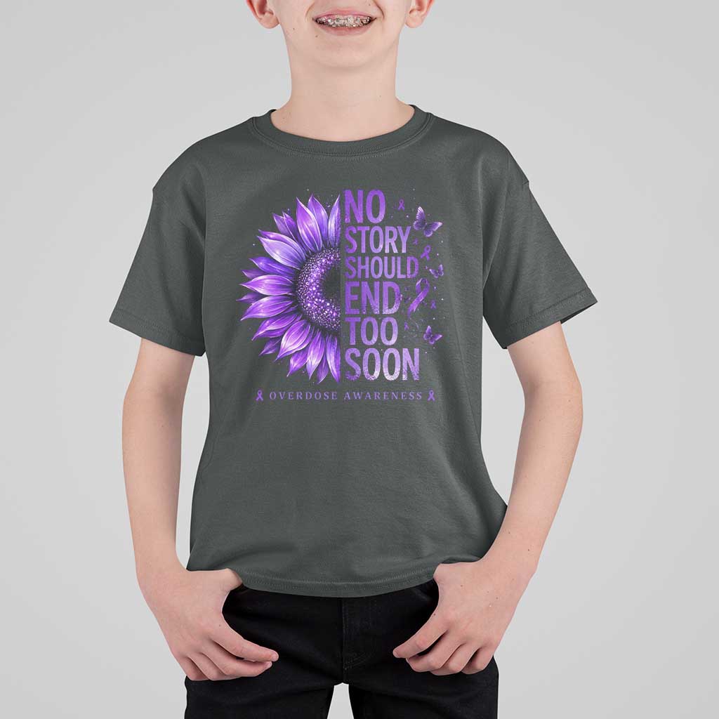 No Story Should End Too Soon Purple Sunflower Overdose Awareness T Shirt For Kid